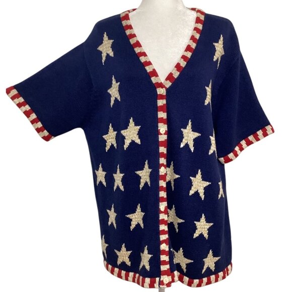 Patriotic Quacker Factory Red‎ Wight & Blue Flag Cardigan Sweater Womans Size 1X - Picture 1 of 7
